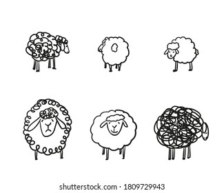 Simple sketch of different sheeps, Pen hand drawing scribble cartoon farm animal