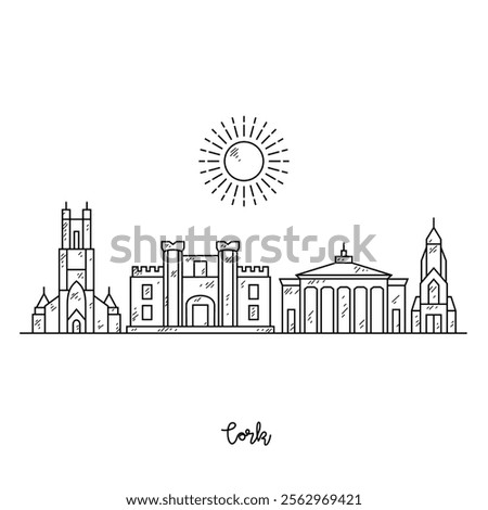 Simple sketch drawing of Cork skyline vector illustration. Modern city in Europe in simple linear style vector design concept. One of big city in Ireland. Iconic architectural building design.