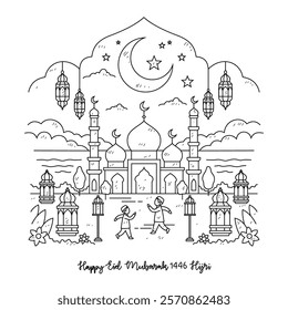 Simple sketch drawing of Eid Mubarak 1446 Hijri Line Art Illustration - Islamic Mosque Cityscape with Traditional Lanterns, Crescent Moon, and Decorative Trees in Minimalist Black and White Design.