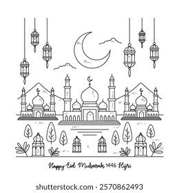 Simple sketch drawing of Eid Mubarak 1446 Hijri Line Art Illustration - Islamic Mosque Cityscape with Traditional Lanterns, Crescent Moon, and Decorative Trees in Minimalist Black and White Design.