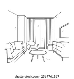 Simple sketch drawing of interior design vector illustration for living room. Interiors themes in simple sketch concept design. Housing interior for reference and presentation purpose to the client