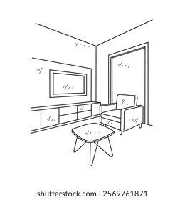 Simple sketch drawing of interior design vector illustration for living room. Interiors themes in simple sketch concept design. Housing interior for reference and presentation purpose to the client