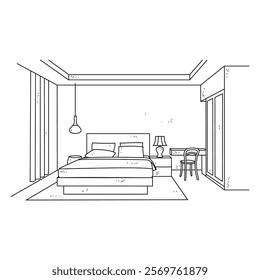 Simple sketch drawing of interior design vector illustration for bedroom. Interiors themes in simple sketch concept design vector. Housing interior for reference and presentation purpose to the client