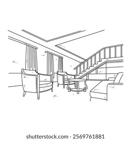 Simple sketch drawing of interior design vector illustration for living room. Interiors themes in simple sketch concept design. Housing interior for reference and presentation purpose to the client