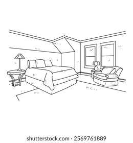 Simple sketch drawing of interior design vector illustration for bedroom. Interiors themes in simple sketch concept design vector. Housing interior for reference and presentation purpose to the client