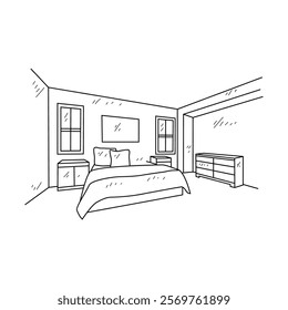 Simple sketch drawing of interior design vector illustration for bedroom. Interiors themes in simple sketch concept design vector. Housing interior for reference and presentation purpose to the client