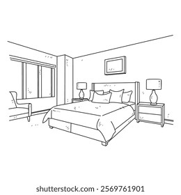 Simple sketch drawing of interior design vector illustration for bedroom. Interiors themes in simple sketch concept design vector. Housing interior for reference and presentation purpose to the client