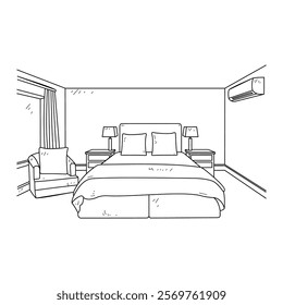 Simple sketch drawing of interior design vector illustration for bedroom. Interiors themes in simple sketch concept design vector. Housing interior for reference and presentation purpose to the client