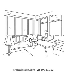 Simple sketch drawing of interior design vector illustration for living room. Interiors themes in simple sketch concept design. Housing interior for reference and presentation purpose to the client