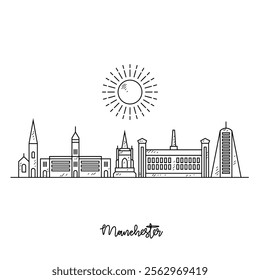 Simple sketch drawing of Manchester skyline vector illustration. Modern city in Europe in simple linear style vector design concept. One of big city in England. Iconic architectural building design.