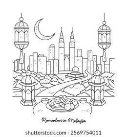 Simple sketch drawing of Ramadan Kareem illustration in Malaysia. Ramadan Kareem themes in simple sketch concept design vector. Design with Mosque, building, lantern, moon, star and others ornament.