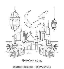 Simple sketch drawing of Ramadan Kareem illustration in Kuwait. Ramadan Kareem themes in simple sketch concept design vector. Design with Mosque, building, lantern, moon, star and others ornament.