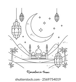 Simple sketch drawing of Ramadan Kareem illustration in Oman. Ramadan Kareem themes in simple sketch concept design vector. Design with Mosque, building, lantern, moon, star and others ornament.