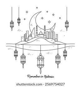 Simple sketch drawing of Ramadan Kareem illustration in Bahrain. Ramadan Kareem themes in simple sketch concept design vector. Design with Mosque, building, lantern, moon, star and others ornament.