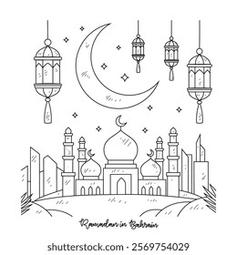 Simple sketch drawing of Ramadan Kareem illustration in Bahrain. Ramadan Kareem themes in simple sketch concept design vector. Design with Mosque, building, lantern, moon, star and others ornament.