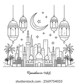 Simple sketch drawing of Ramadan Kareem vector illustration in UAE. Ramadan Kareem themes in simple sketch concept design vector. Design with Mosque, building, lantern, moon, star and others ornament.