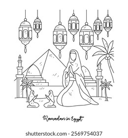 Simple sketch drawing of Ramadan Kareem illustration in Egypt. Ramadan Kareem themes in simple sketch concept design vector. Design with Mosque, building, lantern, moon, star, pyramid ornament.