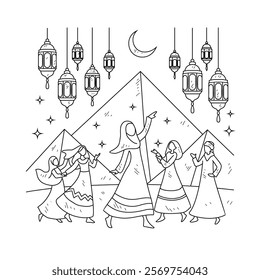 Simple sketch drawing of Ramadan Kareem vector illustration. Ramadan Kareem themes in simple sketch concept design vector. Design with Mosque, building, lantern, moon, star and others ornament.