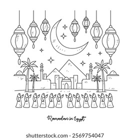 Simple sketch drawing of Ramadan Kareem illustration in Egypt. Ramadan Kareem themes in simple sketch concept design vector. Design with Mosque, building, lantern, moon, star, pyramid ornament.