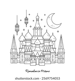 Simple sketch drawing of Ramadan Kareem illustration in Moscow. Ramadan Kareem themes in simple sketch concept design vector. Design with Mosque, building, lantern, moon, star and others ornament.