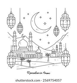 Simple sketch drawing of Ramadan Kareem illustration in Oman. Ramadan Kareem themes in simple sketch concept design vector. Design with Mosque, building, lantern, moon, star and others ornament.