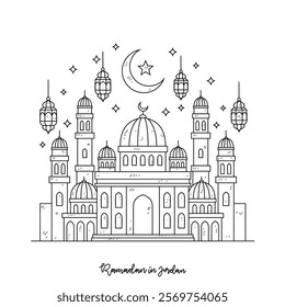 Simple sketch drawing of Ramadan Kareem illustration in Jordan. Ramadan Kareem themes in simple sketch concept design vector. Design with Mosque, building, lantern, moon, star and others ornament.