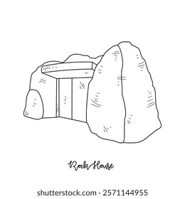 Simple sketch drawing of Rock House Traditional House vector illustration. Traditional House in simple linear style vector design concept. Old architectural building design and great for education.