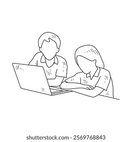 Simple sketch drawing of the students studying with device technology in a class at school. Education themes in simple sketch concept design vector and good for presentation education purpose.