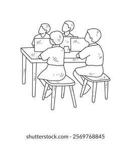 Simple sketch drawing of the students studying with device technology in a class at school. Education themes in simple sketch concept design vector and good for presentation education purpose.