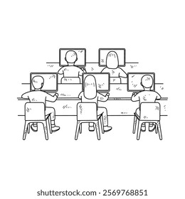 Simple sketch drawing of the students studying with device technology in a class at school. Education themes in simple sketch concept design vector and good for presentation education purpose.
