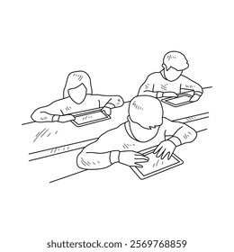 Simple sketch drawing of the students studying with device technology in a class at school. Education themes in simple sketch concept design vector and good for presentation education purpose.