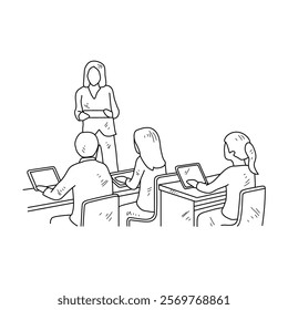 Simple sketch drawing of the students studying with device technology in a class at school. Education themes in simple sketch concept design vector and good for presentation education purpose.