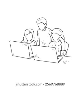 Simple sketch drawing of the students studying with device technology in a class at school. Education themes in simple sketch concept design vector and good for presentation education purpose.