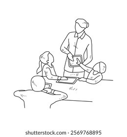 Simple sketch drawing of the students studying with device technology in a class at school. Education themes in simple sketch concept design vector and good for presentation education purpose.