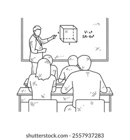 Simple sketch drawing of a  teacher is teaching his students mathematics lessons in a class at school. Education themes in simple sketch concept design vector and good for presentation purpose.