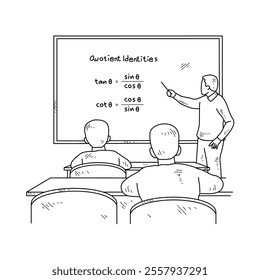 Simple sketch drawing of a  teacher is teaching his students mathematics lessons in a class at school. Education themes in simple sketch concept design vector and good for presentation purpose.