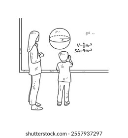 Simple sketch drawing of a  teacher is teaching his students mathematics lessons in a class at school. Education themes in simple sketch concept design vector and good for presentation purpose.