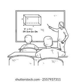 Simple sketch drawing of a  teacher is teaching his students mathematics lessons in a class at school. Education themes in simple sketch concept design vector and good for presentation purpose.