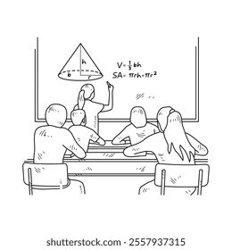 Simple sketch drawing of a  teacher is teaching his students mathematics lessons in a class at school. Education themes in simple sketch concept design vector and good for presentation purpose.