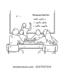 Simple sketch drawing of a  teacher is teaching his students mathematics lessons in a class at school. Education themes in simple sketch concept design vector and good for presentation purpose.