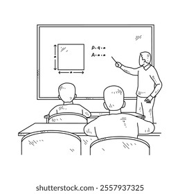 Simple sketch drawing of a  teacher is teaching his students mathematics lessons in a class at school. Education themes in simple sketch concept design vector and good for presentation purpose.