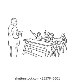 Simple sketch drawing of a teacher is teaching his students in a class at school. Education themes in simple sketch concept design vector. Education activity design and good for presentation purpose.
