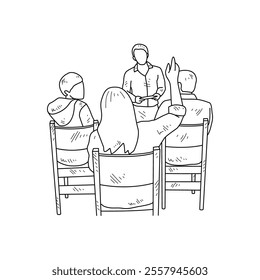 Simple sketch drawing of a teacher is teaching his students in a class at school. Education themes in simple sketch concept design vector. Education activity design and good for presentation purpose.
