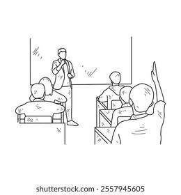 Simple sketch drawing of a teacher is teaching his students in a class at school. Education themes in simple sketch concept design vector. Education activity design and good for presentation purpose.
