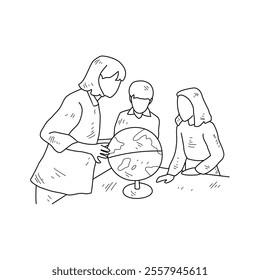 Simple sketch drawing of a teacher is teaching his students in a class at school. Education themes in simple sketch concept design vector. Education activity design and good for presentation purpose.
