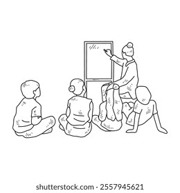 Simple sketch drawing of a teacher is teaching his students in a class at school. Education themes in simple sketch concept design vector. Education activity design and good for presentation purpose.
