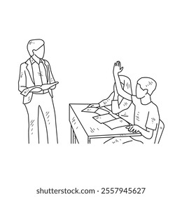 Simple sketch drawing of a teacher is teaching his students in a class at school. Education themes in simple sketch concept design vector. Education activity design and good for presentation purpose.
