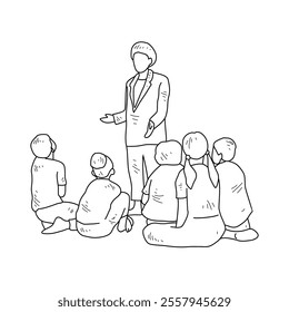 Simple sketch drawing of a teacher is teaching his students in a class at school. Education themes in simple sketch concept design vector. Education activity design and good for presentation purpose.
