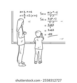 Simple sketch drawing of a  teacher is teaching his students mathematics lessons in a class at school. Education themes in simple sketch concept design vector and good for presentation purpose.