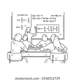 Simple sketch drawing of a  teacher is teaching his students mathematics lessons in a class at school. Education themes in simple sketch concept design vector and good for presentation purpose.